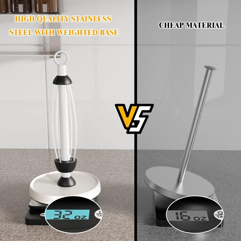 HZE White Paper Towel Holder Countertop, White Kitchen Accessories Decor, One-Handed Tear, Stainless Steel, Weighted Base, Paper Towel Holder Stand with Ratchet System for Kitchen Farmhouse Essentials - Image 5